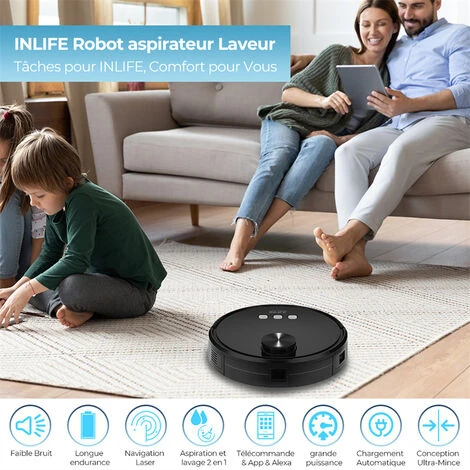 INLIFE Aspirateur Robot Et Laveur 2 En 1 MT-1200A Aspirateur Navigation Laser 3000Pa Electroménager Fonctionne Avec WiFi/App/Alexa/Google Détection Des Tapis 4 INLIFE Aspirateur Robot Et Laveur 2 En 1 MT-1200A Aspirateur Navigation Laser 3000Pa Electroménager Fonctionne Avec WiFi/App/Alexa/Google Détection Des Tapis – Image 4