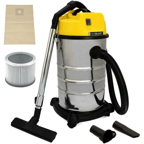 MAXBLAST Aspirateur Industriel De 30 Litres 1400W En Acier Inoxydable Et Accessoires, Aspirateur Sec & Humide, Sac à Poussière Offert - Argent#Jaune 1 MAXBLAST Aspirateur Industriel De 30 Litres 1400W En Acier Inoxydable Et Accessoires, Aspirateur Sec & Humide, Sac à Poussière Offert - Argent#Jaune